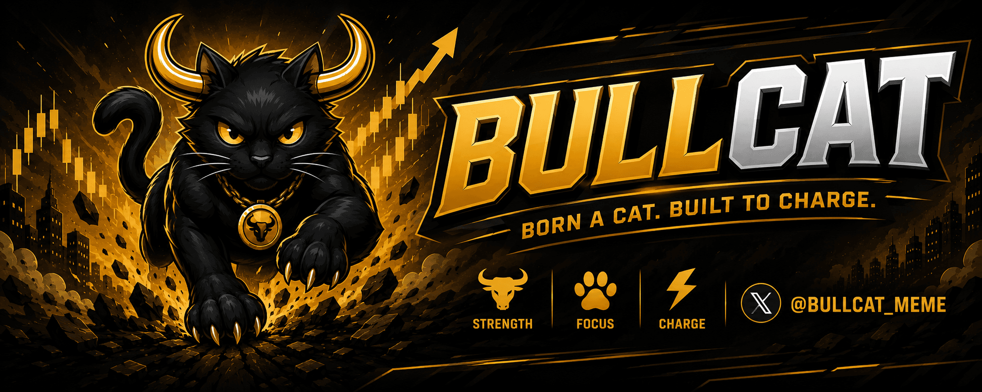BullCat brand banner featuring the charging mascot, tagline, and X handle
