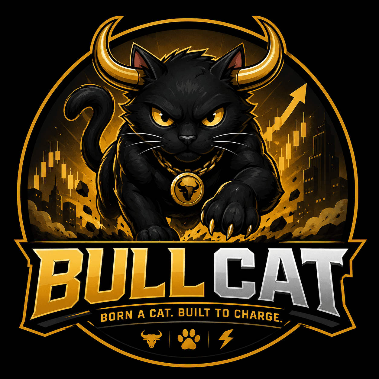 BullCat mascot—a charging black cat with golden bull horns