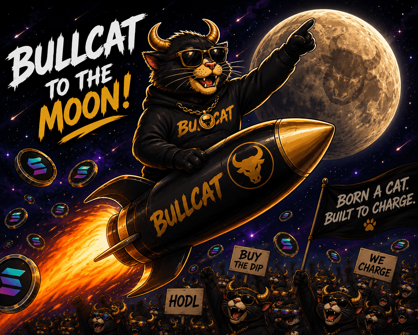 BullCat riding a rocket to the moon with The Herd
